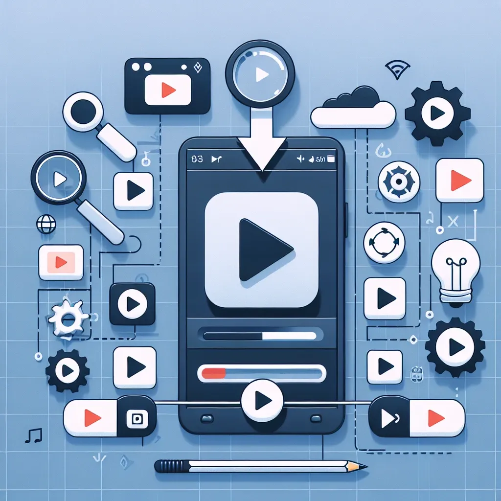 A mobile phone displaying a play button surrounded by various multimedia icons and controls.
