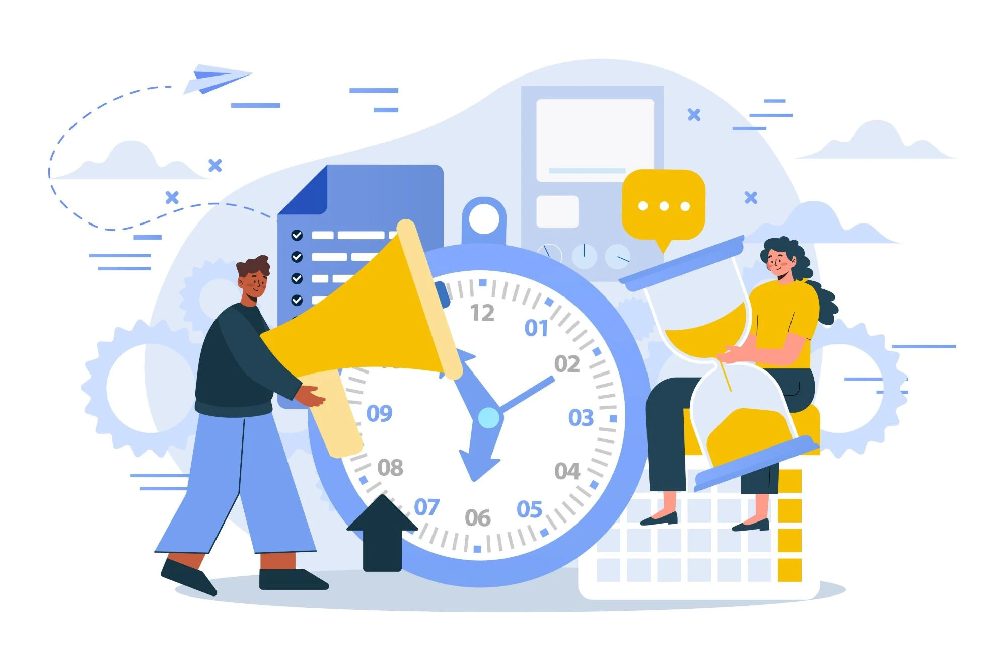 Illustration depicting a person with a megaphone and a clock, alongside a woman with an hourglass.