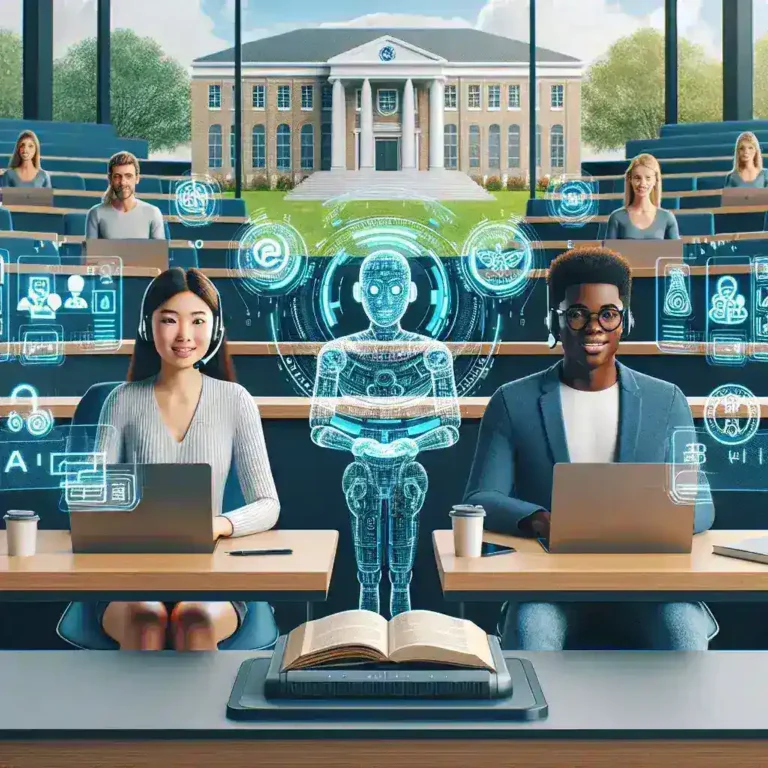 "Students using AI-powered language learning tutors in a U.S. university classroom, showcasing innovative educational technology for enhanced language skills."