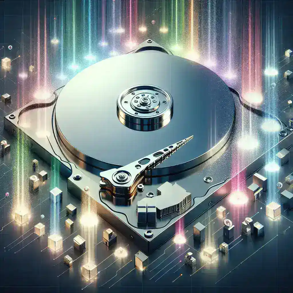A hard disk drive with digital elements and colorful light effects surrounding it.