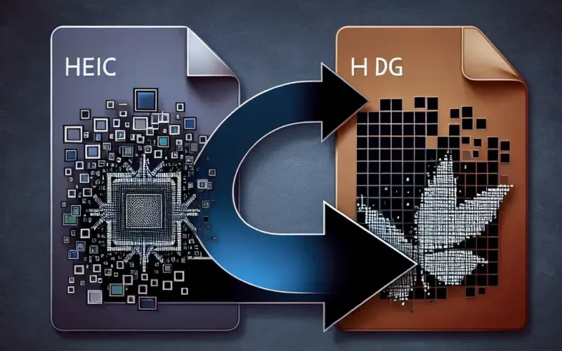 "Step-by-step guide for converting HEIC images to JPG format effortlessly, showcasing a laptop screen with conversion software and HEIC images."