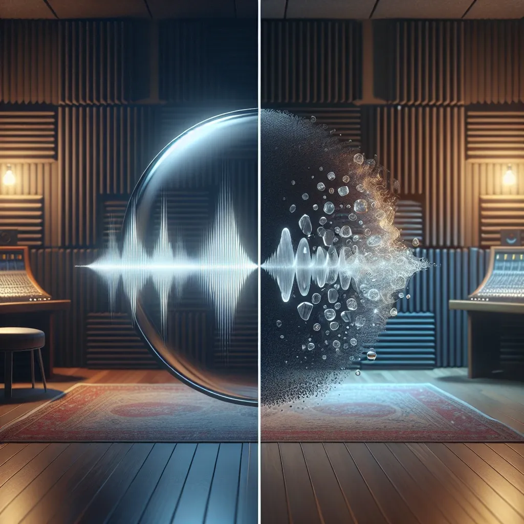 A split image showing a sound wave visualization on one side and a water splash effect on the other in a music studio.