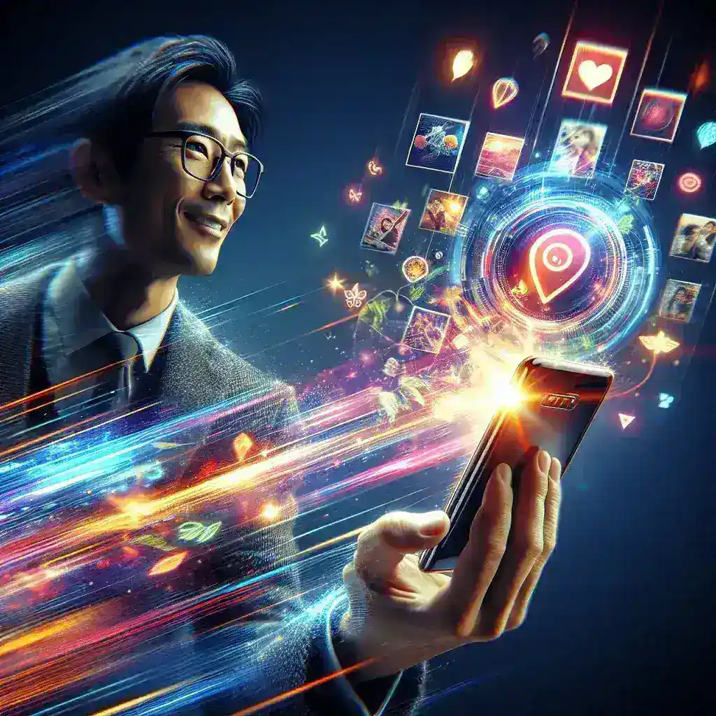 Man in glasses holding a smartphone with digital images and icons emanating from it.