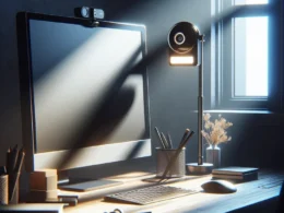 A modern desk featuring a computer monitor, desk lamp, and various office supplies in a well-lit room.