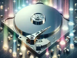 A hard disk drive surrounded by digital elements and colorful light effects.