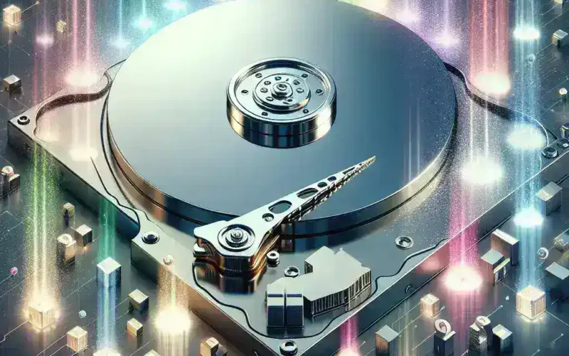 A hard disk drive surrounded by digital elements and colorful light effects.