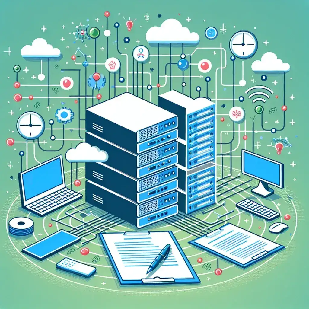 Illustration featuring data servers, laptops, and various technology icons on a green background.