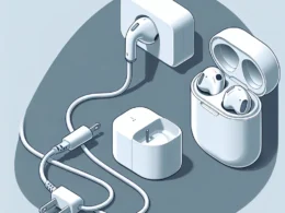 Wireless earbuds in a charging case next to a power adapter and charging cable.