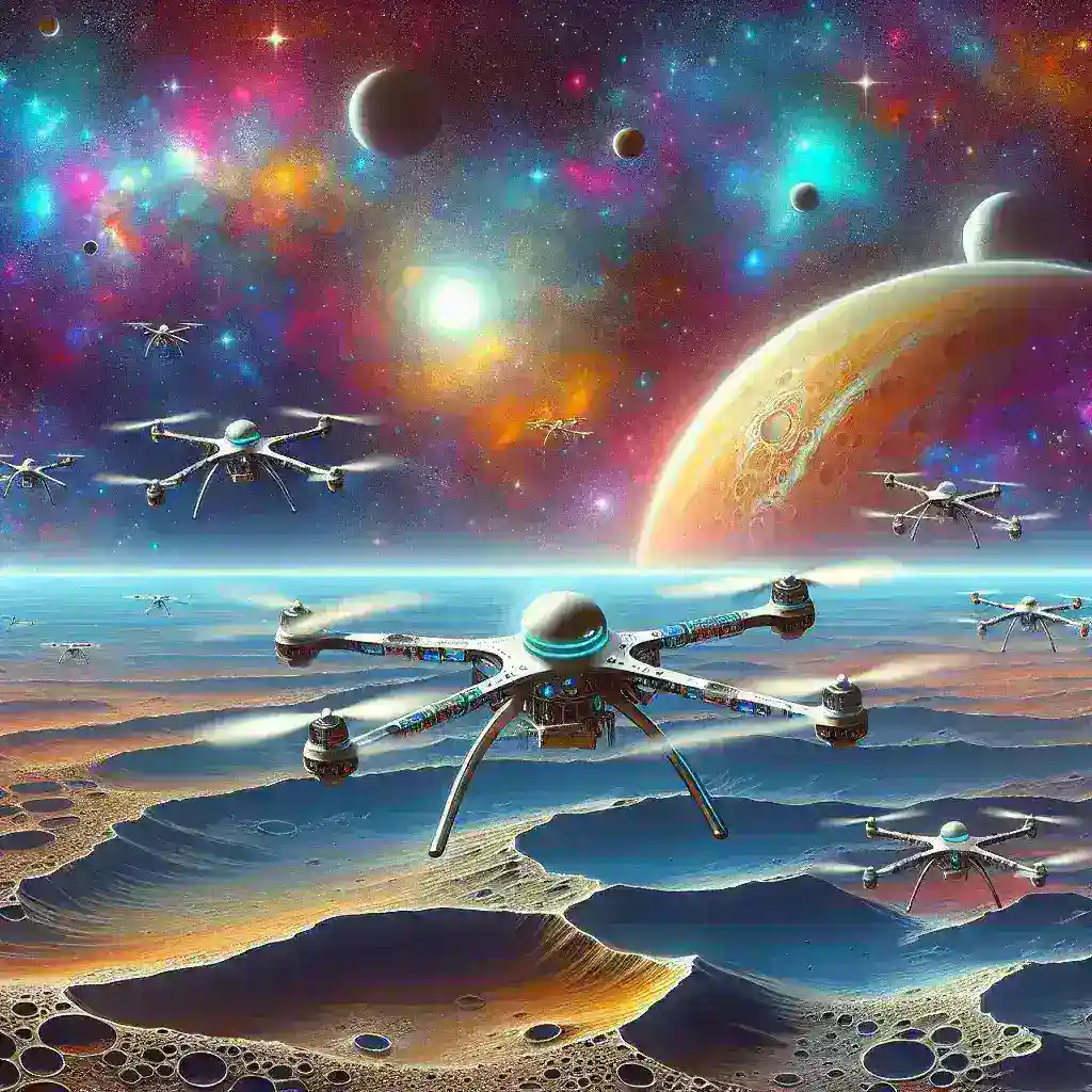 "NASA engineers conducting tests on drone swarms designed for planetary exploration, showcasing advanced aerial technology in an outdoor setting."