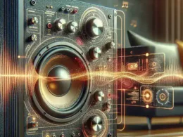 A high-fidelity audio speaker system with various controls and sound wave graphics.