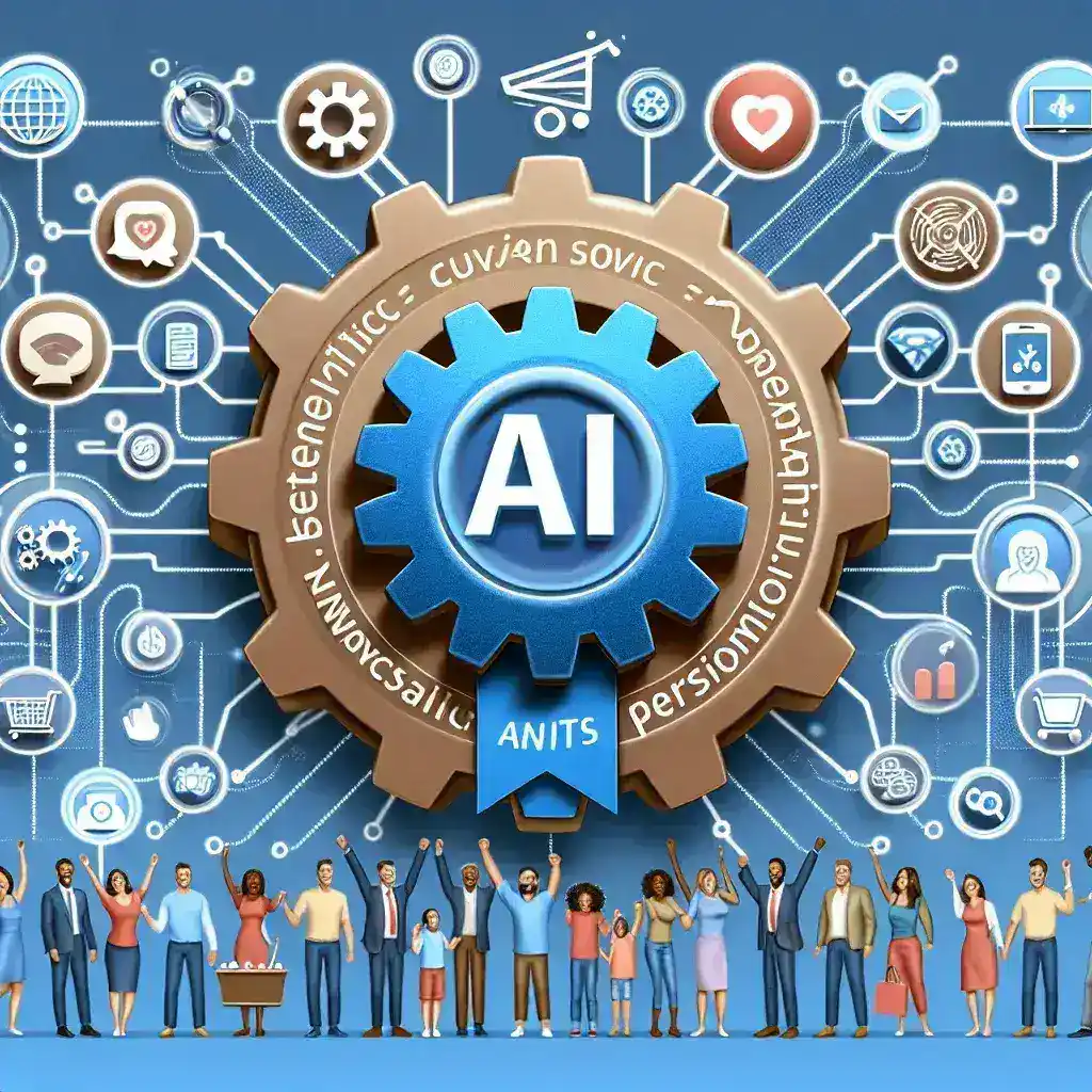Graphic representation of AI concept featuring a gear with 'AI' and diverse people celebrating.