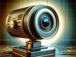A stylized camera with a circular lens and textured body placed on a circuit board background.