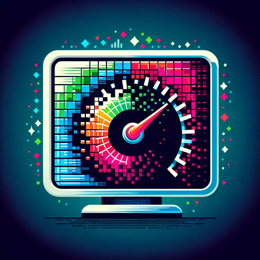 A vibrant digital speedometer graphic displayed on a computer monitor with colorful elements.