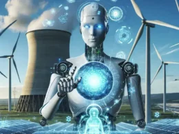A humanoid robot interacting with a glowing energy sphere in a futuristic setting with wind turbines and a power plant.