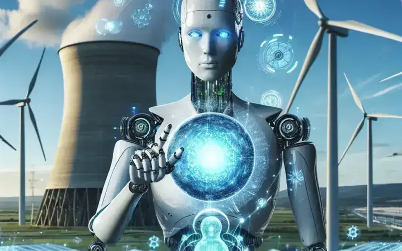 A humanoid robot interacting with a glowing energy sphere in a futuristic setting with wind turbines and a power plant.