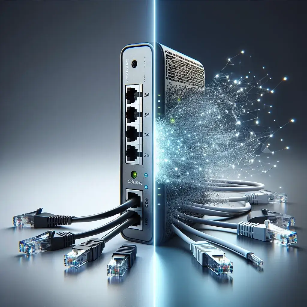 A network router with multiple Ethernet ports connected to various cables, emitting digital particles.