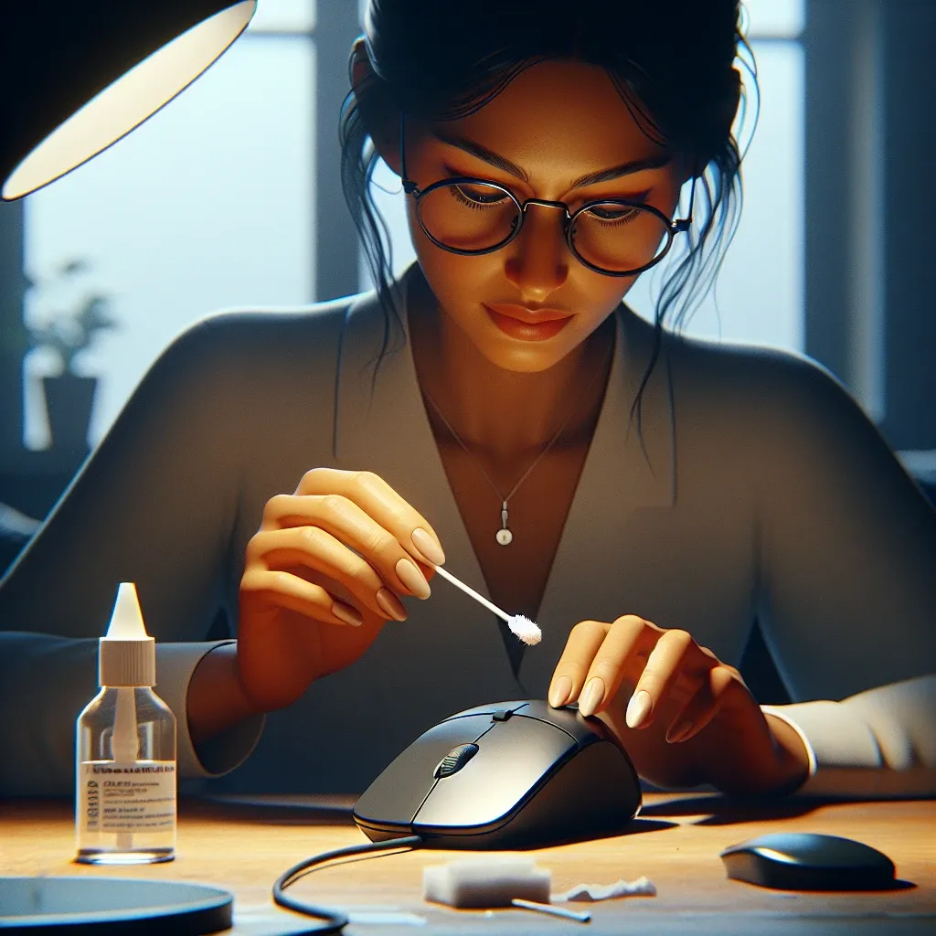 Individual using a cotton swab to clean a computer mouse while a bottle of cleaning solution is nearby.
