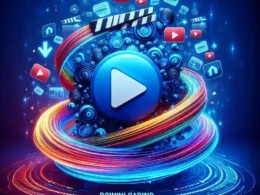 A vibrant graphic featuring a play button surrounded by multimedia icons and swirling colors.