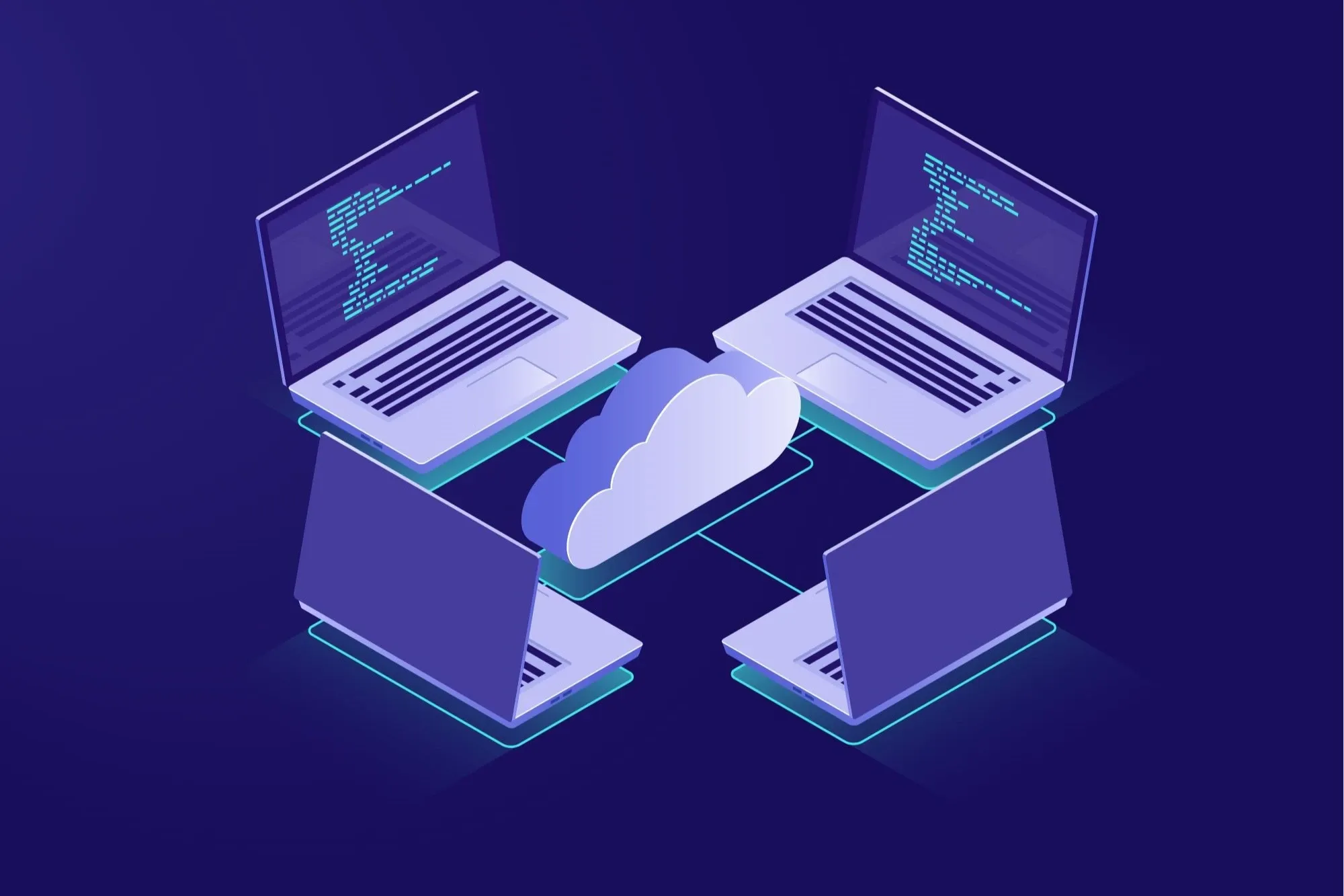 Illustration of multiple laptops connected to a cloud symbol representing cloud computing.