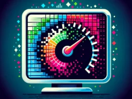 Illustration of a colorful digital speedometer displayed on a computer monitor with a vibrant background.