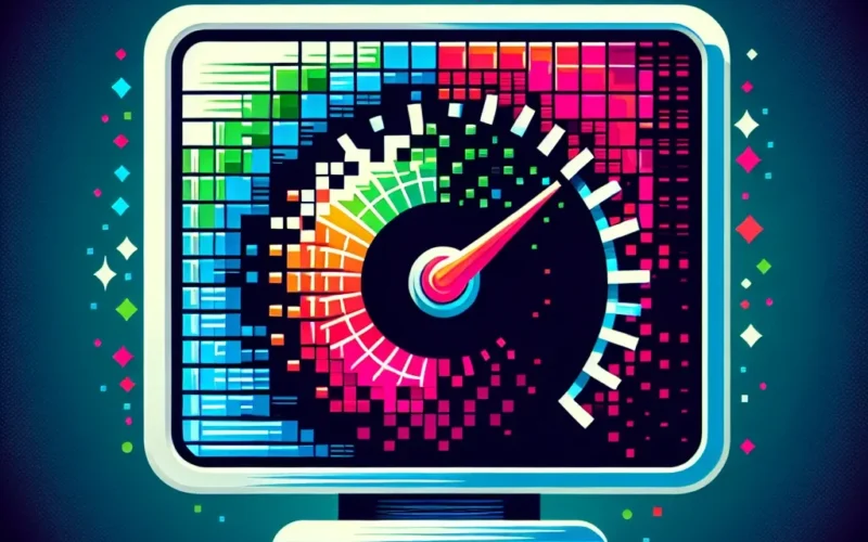 Illustration of a colorful digital speedometer displayed on a computer monitor with a vibrant background.