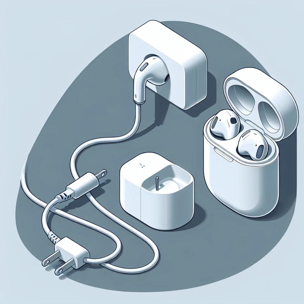 Wireless earbuds in a charging case with a power adapter and charging cable.