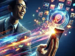 Man in glasses holding a smartphone with digital graphics and icons surrounding him.