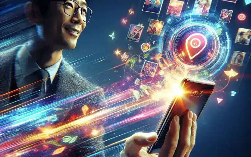 Man in glasses holding a smartphone with digital graphics and icons surrounding him.