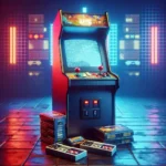 "Colorful premier arcade machine displaying classic retro games, perfect for nostalgic gamers looking to relive pixelated perfection from the golden age of gaming."