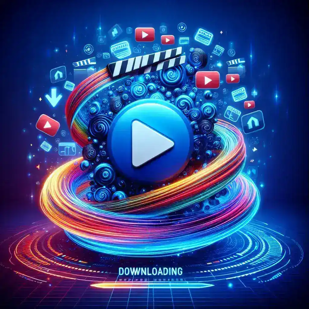 A blue play button surrounded by colorful swirls and digital icons representing media and downloading.