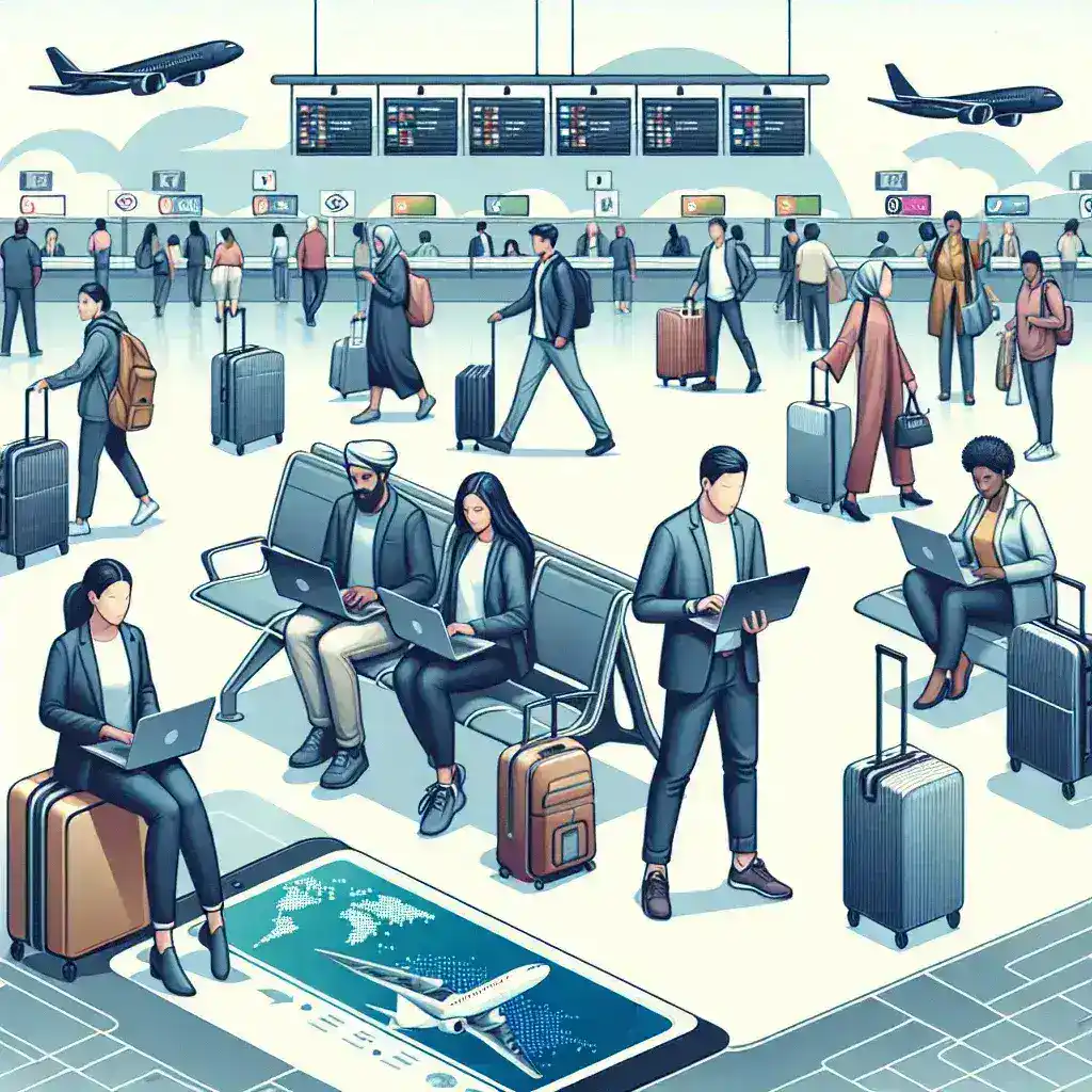 Illustration of an airport terminal with passengers using laptops and various luggage types.