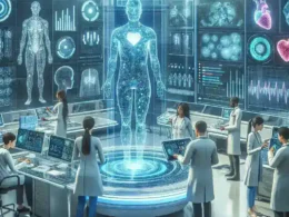 A futuristic medical research laboratory featuring a holographic human figure with a heart symbol and scientists analyzing data.