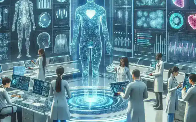 A futuristic medical research laboratory featuring a holographic human figure with a heart symbol and scientists analyzing data.