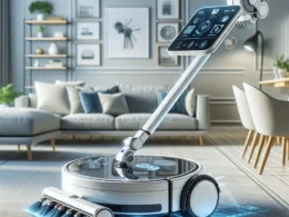 "Roborock S8 Pro Ultra robot vacuum with robotic arm in action, demonstrating advanced home cleaning capabilities on a modern living room floor."