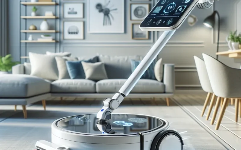 "Roborock S8 Pro Ultra robot vacuum with robotic arm in action, demonstrating advanced home cleaning capabilities on a modern living room floor."