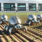 "AI-powered robotic insect monitoring soil health in large-scale agriculture, showcasing advanced technology for precision farming."