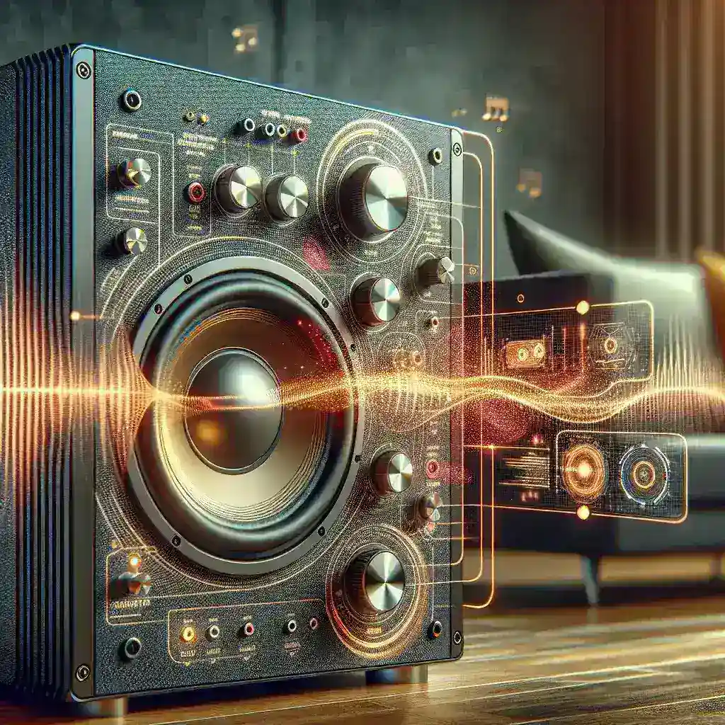 A vintage audio speaker with sound wave graphics emanating from it, showcasing audio controls and design.