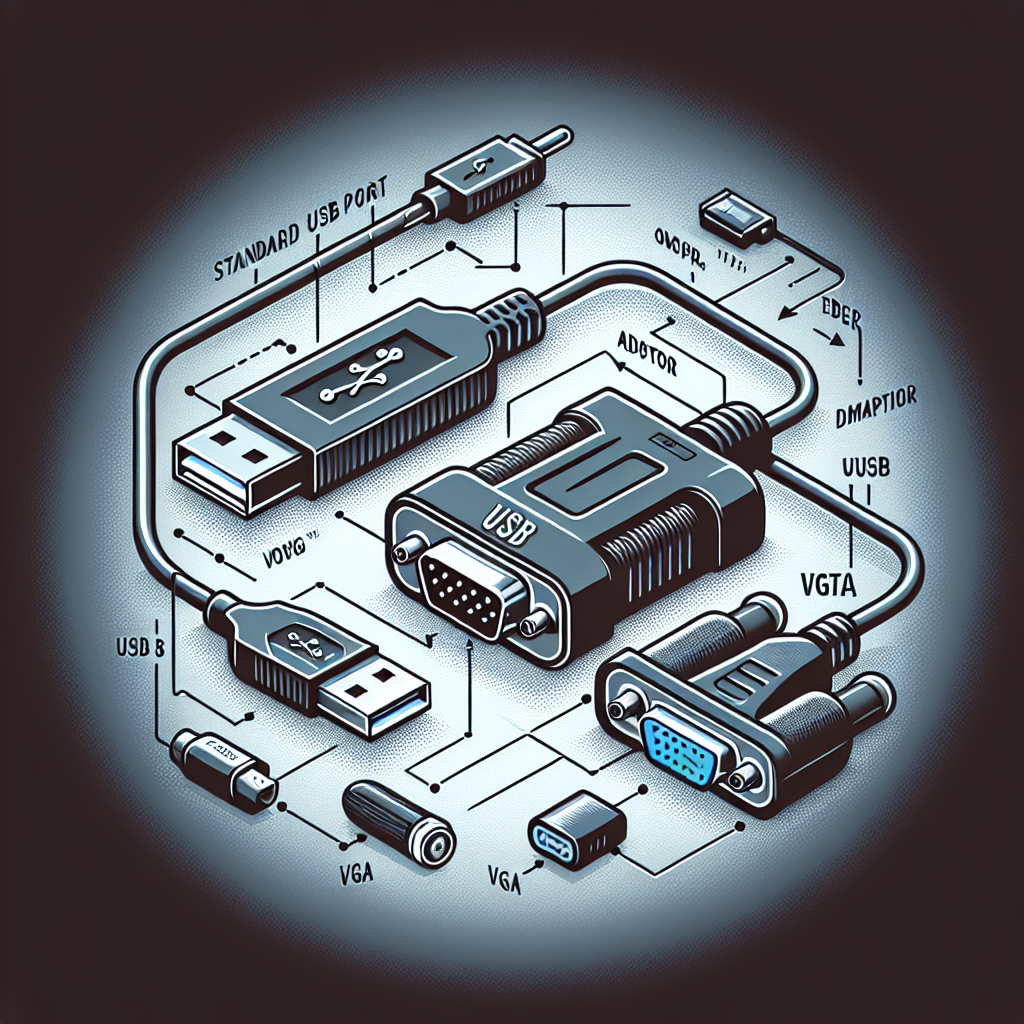 "Close-up of a USB to VGA adapter connected to a laptop USB port, illustrating concerns about potential damage to USB ports."