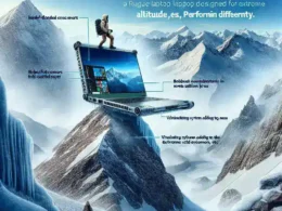 A rugged laptop positioned above snowy mountains with a figure climbing in the background.