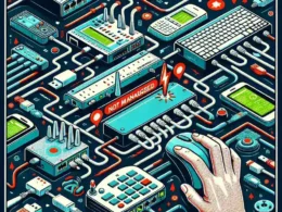 Colorful illustration depicting various network equipment, cables, and a hand using a mouse.