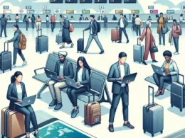 Illustration of an airport terminal with travelers using laptops and luggage.