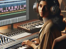 A woman wearing headphones sits at a keyboard in front of a computer screen with music software.