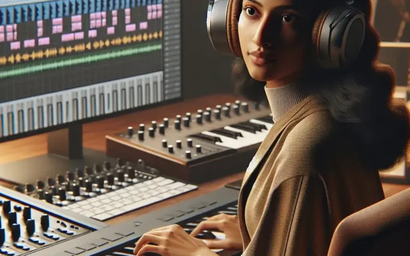 A woman wearing headphones sits at a keyboard in front of a computer screen with music software.