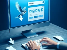 A computer screen displaying a downloading interface with a blue background and a bird graphic.
