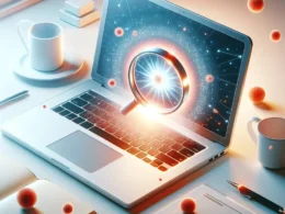 A laptop displaying a magnifying glass over digital particles and glowing elements on its screen.