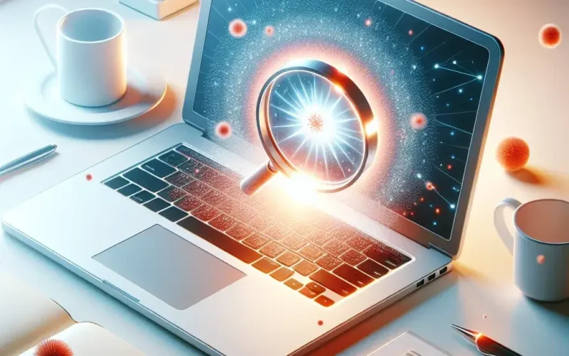 A laptop displaying a magnifying glass over digital particles and glowing elements on its screen.