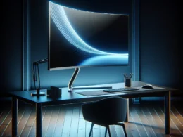 Curved computer monitor with a glowing display on a desk with a chair and stationery.