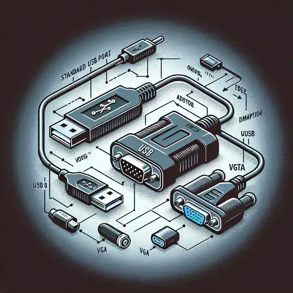 "Close-up of a USB to VGA adapter connected to a laptop USB port, illustrating concerns about potential damage to USB ports."