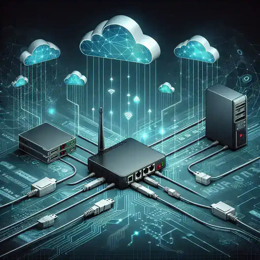 Illustration of network devices connected to clouds and data streams.
