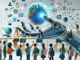 A robotic hand reaching for a globe surrounded by educational icons in a classroom with students raising hands.
